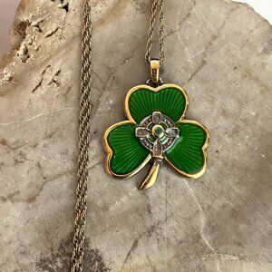 VTG Gold Plated Sterling Silver Emerald Clover Irish Blessing Pendant Necklace